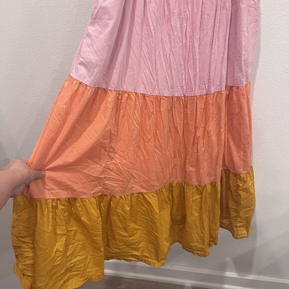 J.Crew Reimagined Tiered Color Block Pink Orange Midi Dress With Pockets Size 12 - Picture 5 of 11
